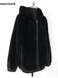 Ouzey Spring Winter Black Warm Thick Soft Fluffy jacket Women with Hood Long Sleeve Faux Rex Rabbit Fur Coat Women Zipper