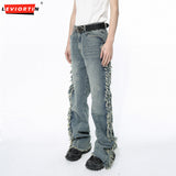 Ouzey Hip Hop Men's Denim Pants Spring Autumn High Street Vibe Personalized Ragged Edge Splicing Jeans Trendy Designer Male Trousers