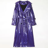 Ouzey Spring Black Long Soft Thin Waterproof Flowy Shiny Reflective PVC Faux Leather Trench Coat for Women Y2K Streetwear