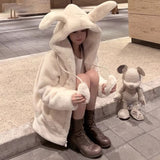 Ouzey Spring Autumn Thick Warm Sweet Cute Kawaii Thick Warm Black Faux Fur Hoodie with Bunny Ears and Pompon Fluffy Jacket