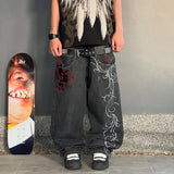 Ouzey 90s Streetwear Y2k Jeans Embroidered Pattern Men Women Loose Wide Leg Pants Retro Harajuku Trend Punk Hip hop Street Casual Straight Pants