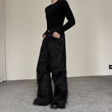 Ouzey Dark Plush Patchwork Denim Wide-leg Pants