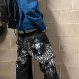 Ouzey Gothic spoof devil pattern printed high-waist jeans men winter Y2K American rock roll street hip-hop basketball baggy sweatpants