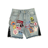 Ouzey 90s Streetwear Y2K Denim Shorts for Men and Womens Hip Hop Streetwear Patchwork Embroidered Pattern Retro Punk Casual Blue Loose Fitness Shorts