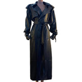 Ouzey Spring Extra Long Black Pu Leather Trench Coat for Women Shoulder Pads Back High Slit Maxi Leather Overcoat 2025