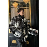 Ouzey Winter New Unique Tie-Dye Color Blocking Lamb Wool Velvet Jacket Men Fashionable Trendy Loose Fit Weed Style Warm Jacket