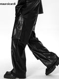 Ouzey Autumn Long Black Shiny Baggy Soft Pu Leather Cargo Pants for Men with Side Pockets Luxury Designer Clothes 2025