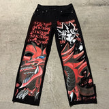 Ouzey Harajuku y2k baggy jeans blue eyes white dragon print wide leg denim pants popular anime jeans streetwear trouser men clothing