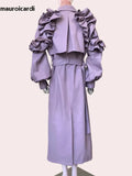 Ouzey Spring Long Soft Purple Faux Leather Trench Coat for Women with Ruffled Lantern Sleeve Elegant Luxury Chic Overcoat