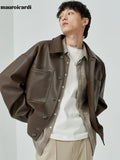 Ouzey Spring Autumn Short Oversized Brown Black Soft Faux Leather Jackets for Men Pockets Long Sleeve Korean Fashion 2025