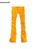 Ouzey Spring Autumn Yellow Blue Shiny Reflective Stretchy Soft PVC Faux Leather Stacked Pants for Men 2025 Y2K Streetwear