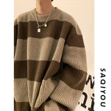 Ouzey Korean style patchwork striped sweater for men in autumn and winter lazy loose knitted sweater round neck retro trendy sweater