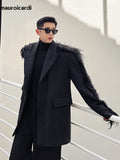 Ouzey Spring Autumn Loose Black Faux Fur Patchwork Blazer Men with Shoulder Pads Long Sleeve Luxury Designer Clothes 2025