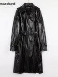 Ouzey Spring Long Waterproof Black Crocodile Print Faux Leather Trench Coat for Women Belt Luxury Designer Clothes 2025