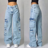 Ouzey Street Pop Multi-Pocket Washed Light Blue Jeans Female Y2k New Harajuku Retro High Street Punk High Waist Jeans Are Unisex