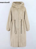 Ouzey Winter Long Thick Warm Striped Fluffy Faux Fur Coat Women with Drawstring Waist and Hood Zip Up Furry Overcoat 2025