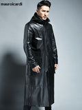 Ouzey Spring Autumn Extra Long Black Loose Waterproof Windproof Soft Pu Leather Trench Coats Men with Hood Zip Up Overcoat