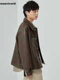 Ouzey Spring Autumn Short Oversized Brown Black Soft Faux Leather Jackets for Men Pockets Long Sleeve Korean Fashion 2025