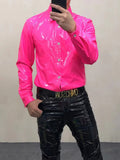 Ouzey Spring Autumn Cool Fitted Black Pink Yellow Shiny Reflective Stretchy Faux Leather Shirt Jacket Men Emo Clothes 2025