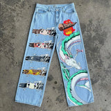 Ouzey Harajuku y2k baggy jeans blue eyes white dragon print wide leg denim pants popular anime jeans streetwear trouser men clothing