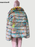 Ouzey Winter Striped Colorful Thickened Warm Hairy Faux Fur Coat Women Loose Luxury Designer Clothes Fluffy Jacket 2025