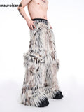 Ouzey Autumn Winter Long Colorful Thick Warm Hairy Fluffy Faux Fur Wide Leg Pants Men Pockets Runway Fashion Streetwear