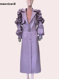 Ouzey Spring Long Soft Purple Faux Leather Trench Coat for Women with Ruffled Lantern Sleeve Elegant Luxury Chic Overcoat