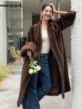 Ouzey Winter Long Brown Thick Warm Soft Fluffy Faux Mink Fur Coat Women V Neck Loose Chic Stylish Luxury Designer Clothes