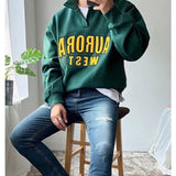 Ouzey Dark green men's sweatshirt spring and autumn trendy brand lapel letter pullover top retro loose versatile long-sleeved jacket