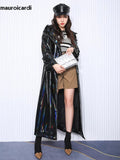 Ouzey Spring Soft Thin Flowy Shiny Reflective Holographic Black PVC Faux Leather Trench Coat for Women Maxi Y2K Streetwear