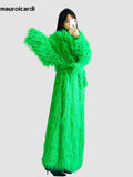 Ouzey Winter Extra Long Oversized Bright Green Colored Hairy Thick Warm Soft Shaggy Faux Mongolian Fur Coat Women Sashes