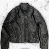 Ouzey Spring Autumn Cool Handsome Vintage Short Distressed Black Faux Leather Racer Jacket Men Shoulder Pads