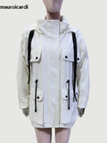 Ouzey Spring Autumn Cool Windproof White Windbreaker Women with Drawstring Hood Many Pockets Zip Up Chic Cargo Jacket 2025