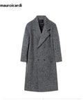 Ouzey Autumn Winter Oversized Long Thicken Warm Grey Woolen Coat Men Shoulder Pads Double Breasted Wool & Blends Overcoat