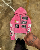 Ouzey dandys world Fashion letter print design zipper oversized pink hoodie for men y2k high street popular hip-hop aesthetic baggy sweatshirt 2025