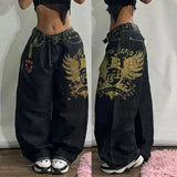 Ouzey dandys world Streetwear INS Jeans Women's Clothing Fashion Hip Hop Pattern Embroidered Denim Pants Y2K New Straight Leg Wide leg Jeans