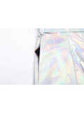 Ouzey Spring Long Shiny Reflective Holographic Silver Faux Leather Trench Coat for Women with Hood Zip Up Y2K Streetwear