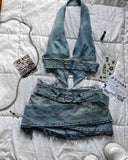 Ouzey Y2K Light Blue Two Piece Sets Womens Outfits Gothic Vintage Denim Skirt Tops Sets Harajuku Sexy Slim Halter Tops Mini Hip Skirt