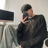 Ouzey White Round Neck Hollow Sweater Men 2024 Autumn Trendy Brand Holed Line Clothes Vintage Versatile Loose Fit Knitted Top