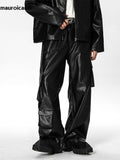 Ouzey Autumn Long Black Shiny Baggy Soft Pu Leather Cargo Pants for Men with Side Pockets Luxury Designer Clothes 2025