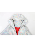 Ouzey Spring Long Shiny Reflective Holographic Silver Faux Leather Trench Coat for Women with Hood Zip Up Y2K Streetwear