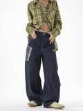 Ouzey 90s Streetwear New American Style Splicing Plaid Washed Cargo Pants Women Retro Wide Leg High Waisted Baggy Jeans Women Hip Hop Denim Pants