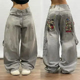 Ouzey 2024 European and American Hip-hop Gothic Print Jeans Female Y2K New High Street Loose Fashion Straight Pants Wide-leg Pants