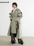 Ouzey Spring Long Oversized Elegant Ruffled Trench Coat for Women Double Breasted Luxury Designer Overcoat Runway Fashion