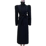 Ouzey Spring Winter Long Black Elegant Luxury Fitted Woolen Coat Women Puff Sleeve Blet Chic Luxury Designer Clothes 2025