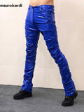 Ouzey Spring Autumn Yellow Blue Shiny Reflective Stretchy Soft PVC Faux Leather Stacked Pants for Men 2025 Y2K Streetwear