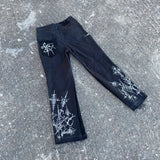 Ouzey 90s Streetwear Gothic Punk Graphic Print High Waist Baggy Jeans Mens Womens Y2k Streetwear Black Straight Casual Denim Trousers Harajuku Hot