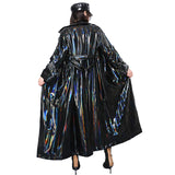 Ouzey Spring Soft Thin Flowy Shiny Reflective Holographic Black PVC Faux Leather Trench Coat for Women Maxi Y2K Streetwear