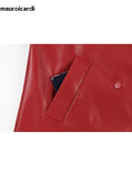 Ouzey Spring Luxury Chic Soft Waterproof Wine Red Pu Leather Trench Coat for Women Belt Double Breasted Fall Clothes 2025