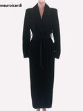 Ouzey Spring Black Long Soft Velvet Trench Coat for Women Shawl Collar Sashes Elegant Luxury Designer Clothes Overcoat